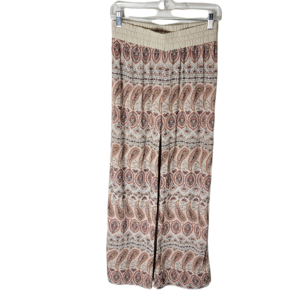 BeBop paisley wide leg pants women's XS brown cream smocked waist boho rayon